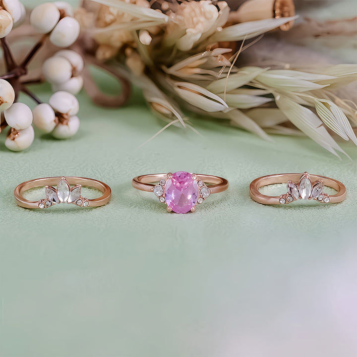 Olivenorma Set di anelli da 3 pezzi con tormalina rosa e moissanite