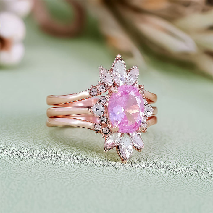 Olivenorma Set di anelli da 3 pezzi con tormalina rosa e moissanite