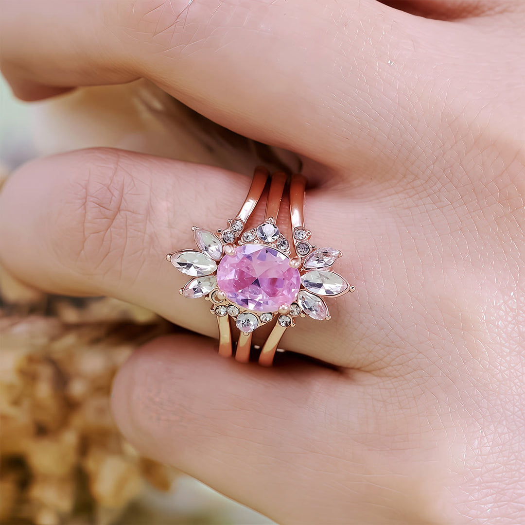 Olivenorma Set di anelli da 3 pezzi con tormalina rosa e moissanite