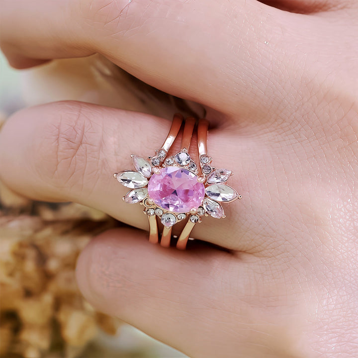 Olivenorma Set di anelli da 3 pezzi con tormalina rosa e moissanite