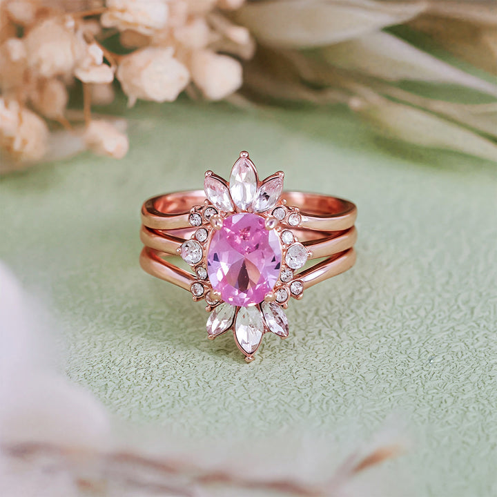 Olivenorma Set di anelli da 3 pezzi con tormalina rosa e moissanite