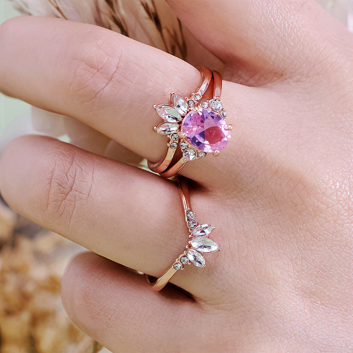 Olivenorma Set di anelli da 3 pezzi con tormalina rosa e moissanite