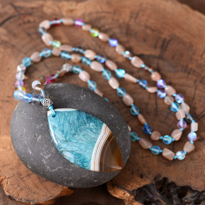 Collana con ciondolo in amazzonite naturale Olivenorma e perline in quarzo rutilato