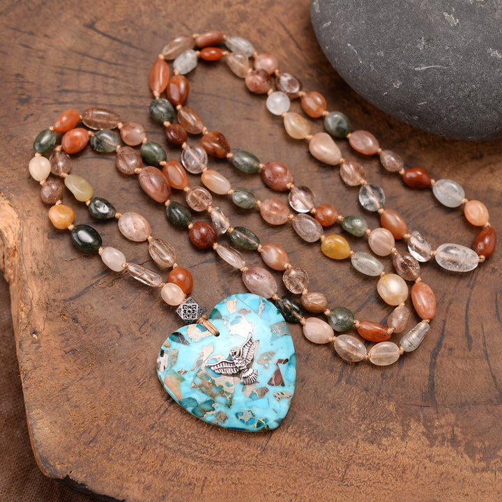 Collana con ciondolo in amazzonite naturale Olivenorma e perline in quarzo rutilato