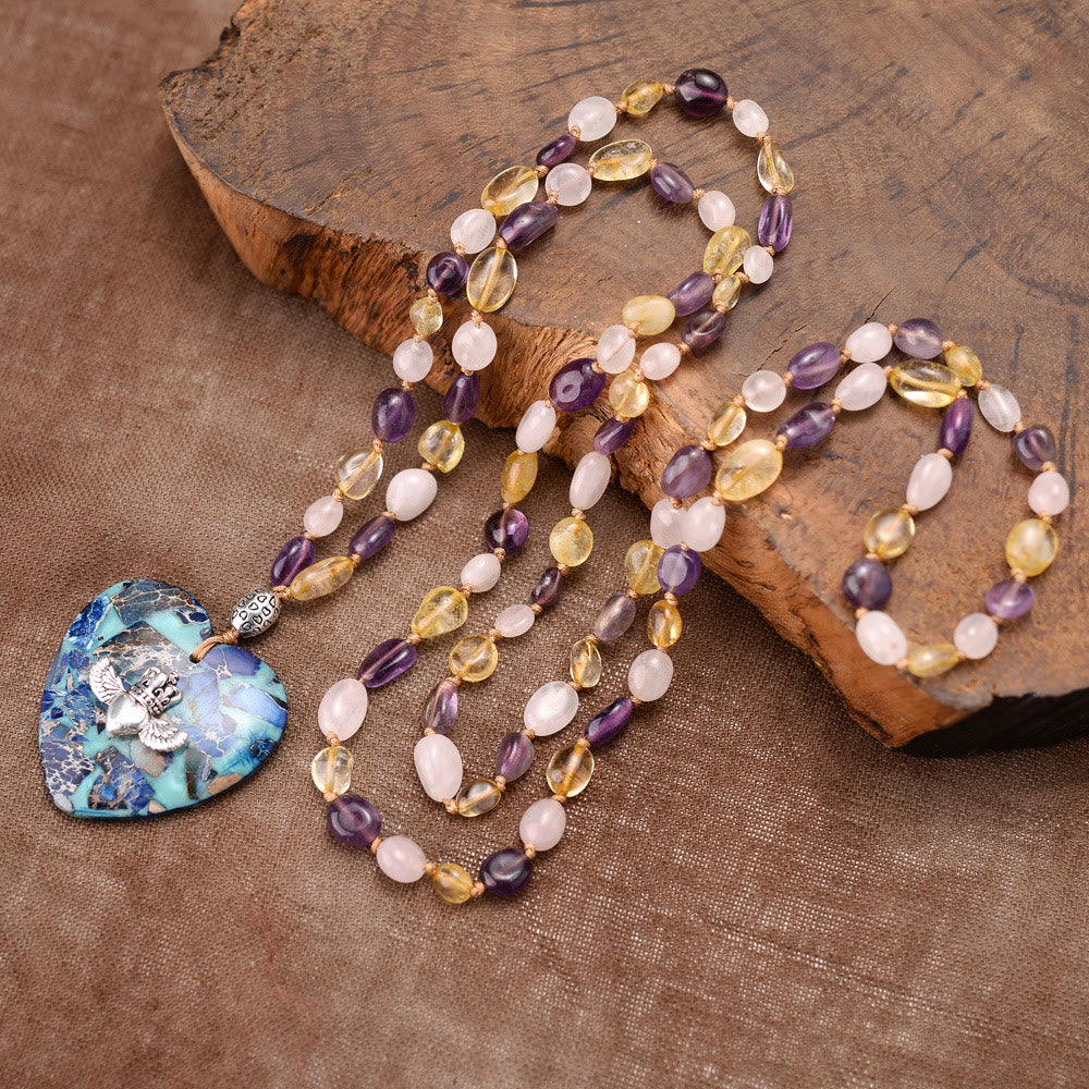 Collana con ciondolo in amazzonite naturale Olivenorma e perline in quarzo rutilato