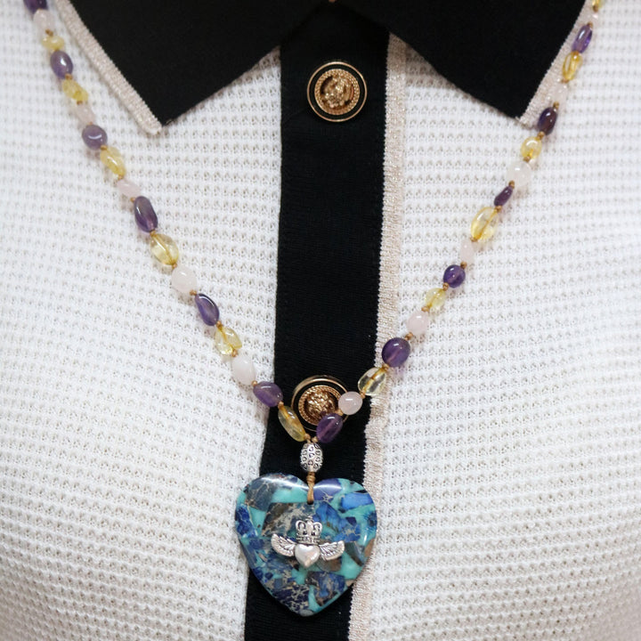 Collana con ciondolo in amazzonite naturale Olivenorma e perline in quarzo rutilato