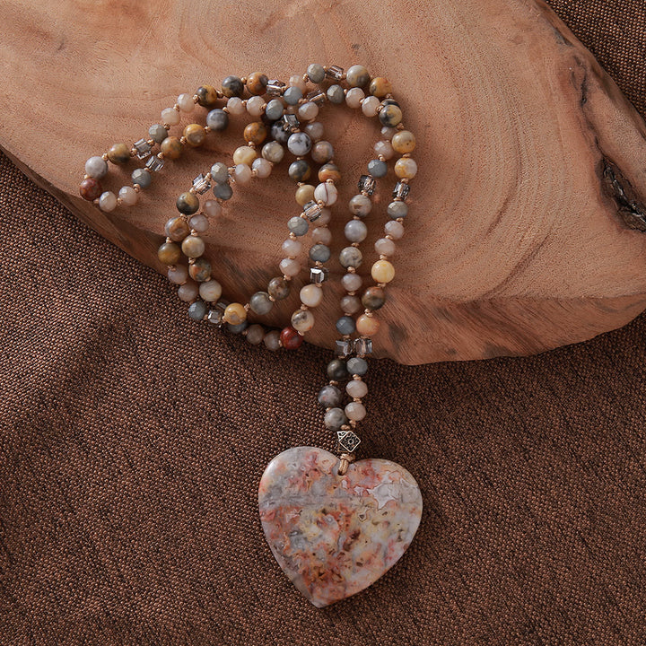 Collana con ciondolo in pietra blu oceano con cuore Olivenorma e perle di acquamarina