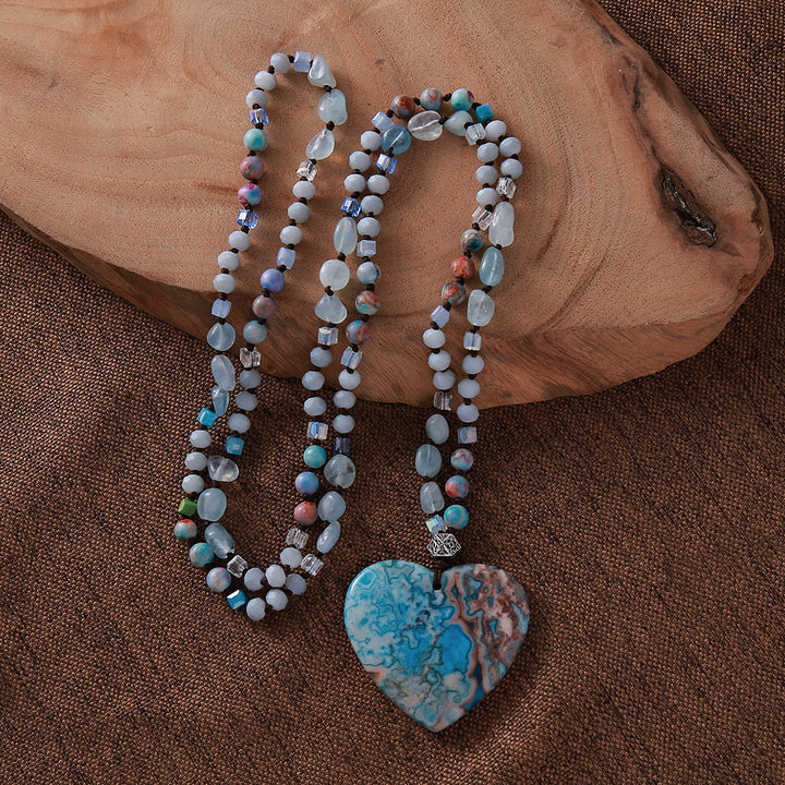 Collana con ciondolo in pietra blu oceano con cuore Olivenorma e perle di acquamarina