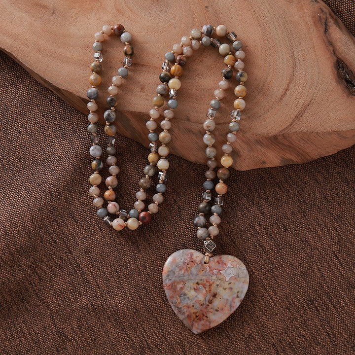 Collana con ciondolo in pietra blu oceano con cuore Olivenorma e perle di acquamarina