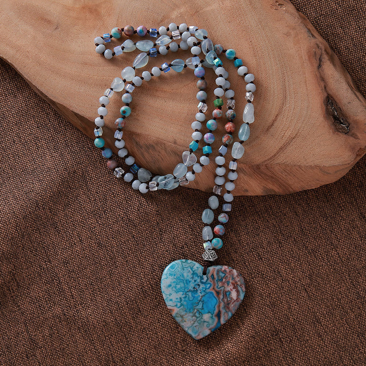Collana con ciondolo in pietra blu oceano con cuore Olivenorma e perle di acquamarina