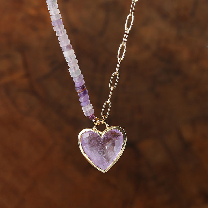 Collana con ciondolo a forma di cuore in quarzo rosa e ametista Olivenorma