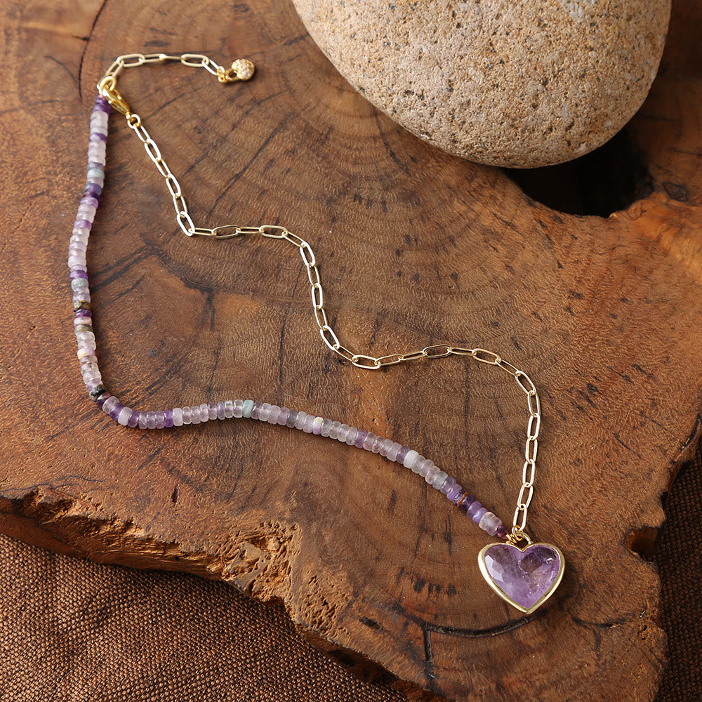 Collana con ciondolo a forma di cuore in quarzo rosa e ametista Olivenorma
