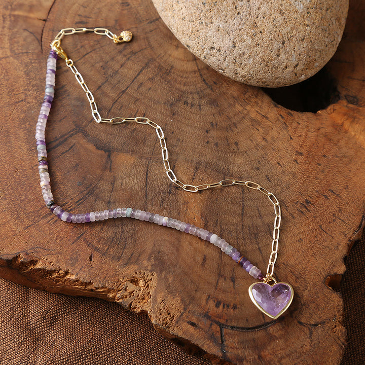 Collana con ciondolo a forma di cuore in quarzo rosa e ametista Olivenorma