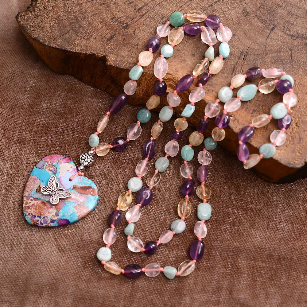 Collana di perline in quarzo rosa, ametista, amazzonite, citrino Olivenorma