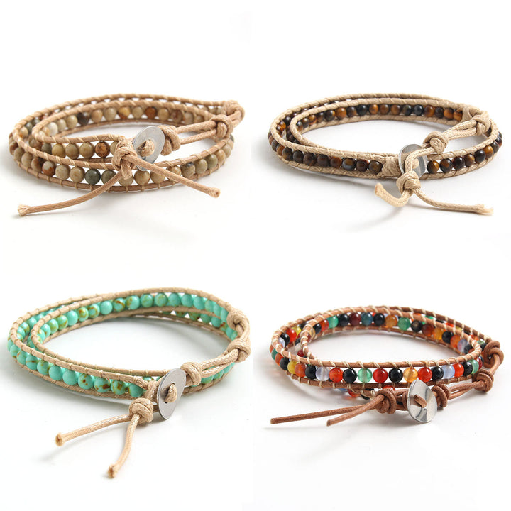 Olivenorma Bracciale intrecciato in corda di pelle con perline di pietra naturale