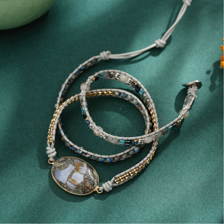 Bracciale intrecciato multi-giro Olivenorma Ocean Jasper Blue Chalcedony