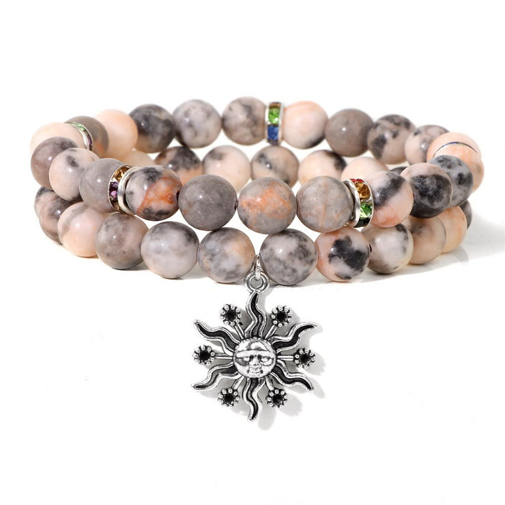 Olivenorma Set di bracciali con ciondolo a forma di sole in metallo con perline in pietra naturale