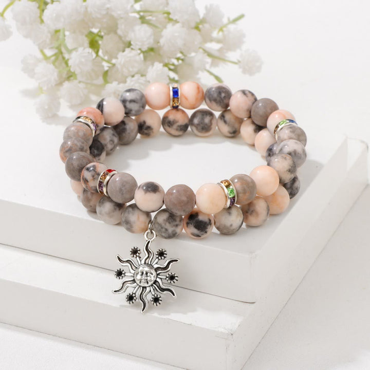Olivenorma Set di bracciali con ciondolo a forma di sole in metallo con perline in pietra naturale