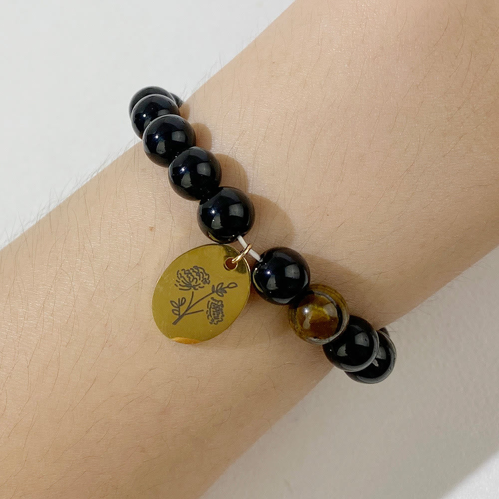 Olivenorma Bracciale in metallo con fiore di nascita con perline di ossidiana da 8 mm