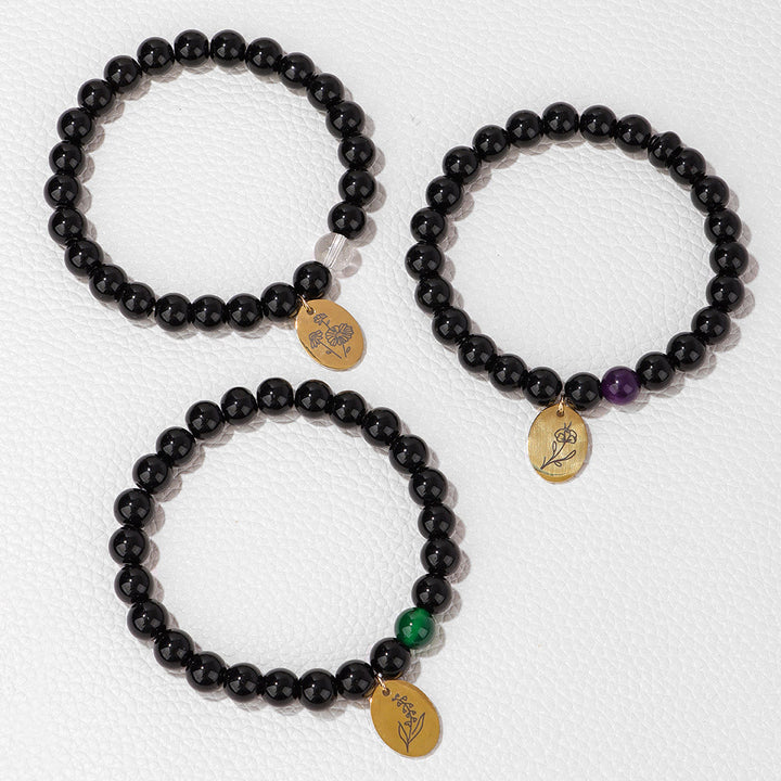 Olivenorma Bracciale in metallo con fiore di nascita con perline di ossidiana da 8 mm