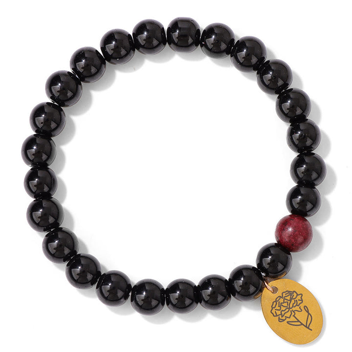 Olivenorma Bracciale in metallo con fiore di nascita con perline di ossidiana da 8 mm