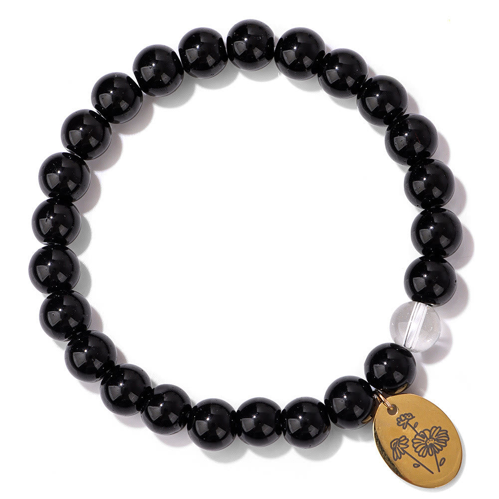 Olivenorma Bracciale in metallo con fiore di nascita con perline di ossidiana da 8 mm