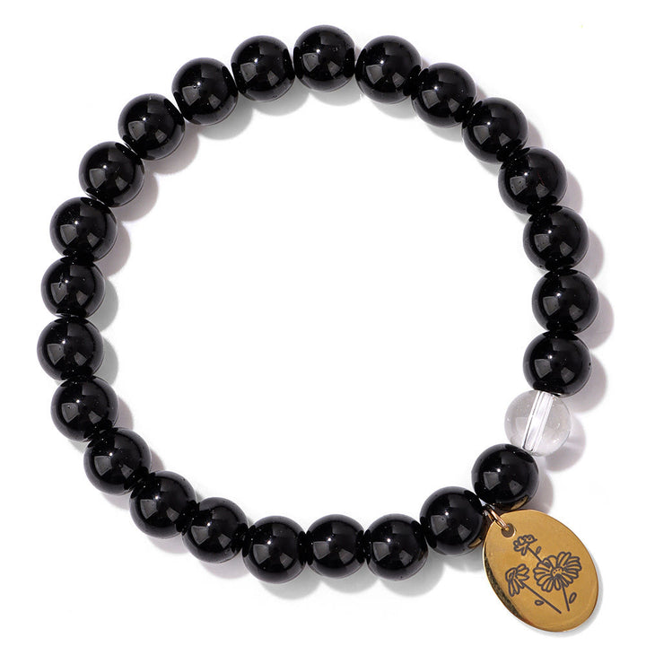 Olivenorma Bracciale in metallo con fiore di nascita con perline di ossidiana da 8 mm