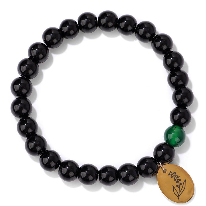 Olivenorma Bracciale in metallo con fiore di nascita con perline di ossidiana da 8 mm