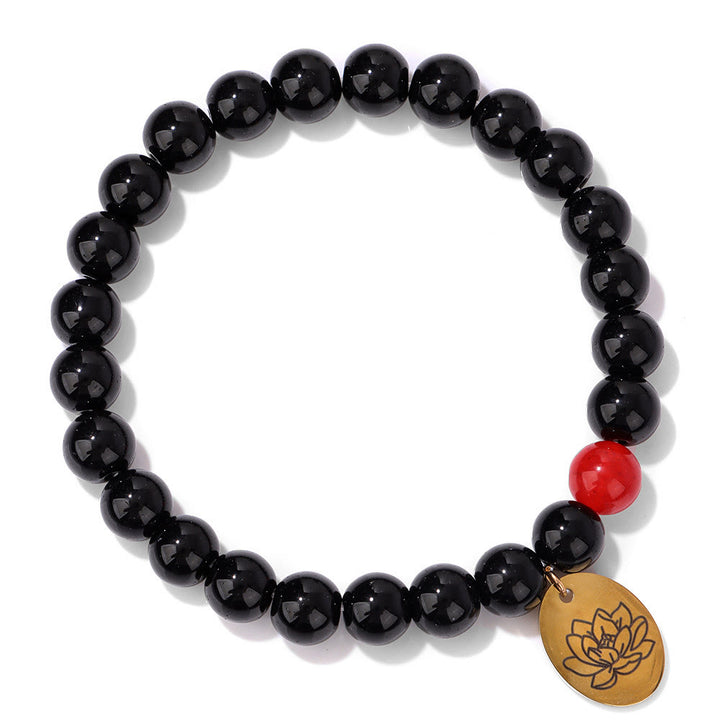Olivenorma Bracciale in metallo con fiore di nascita con perline di ossidiana da 8 mm