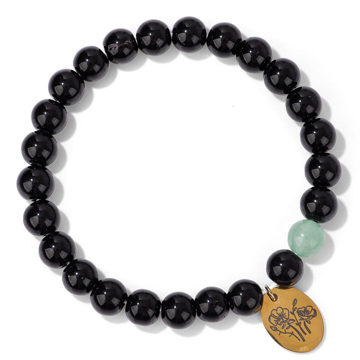 Olivenorma Bracciale in metallo con fiore di nascita con perline di ossidiana da 8 mm