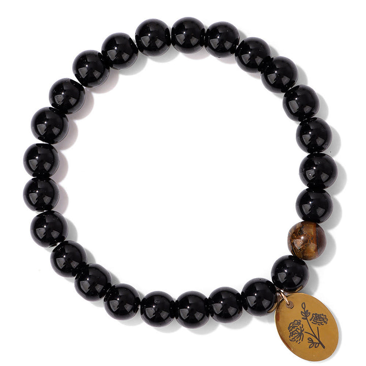 Olivenorma Bracciale in metallo con fiore di nascita con perline di ossidiana da 8 mm