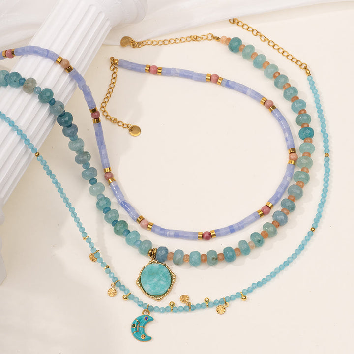 Collana di perline in calcedonio blu acquamarina e amazzonite Olivenorma