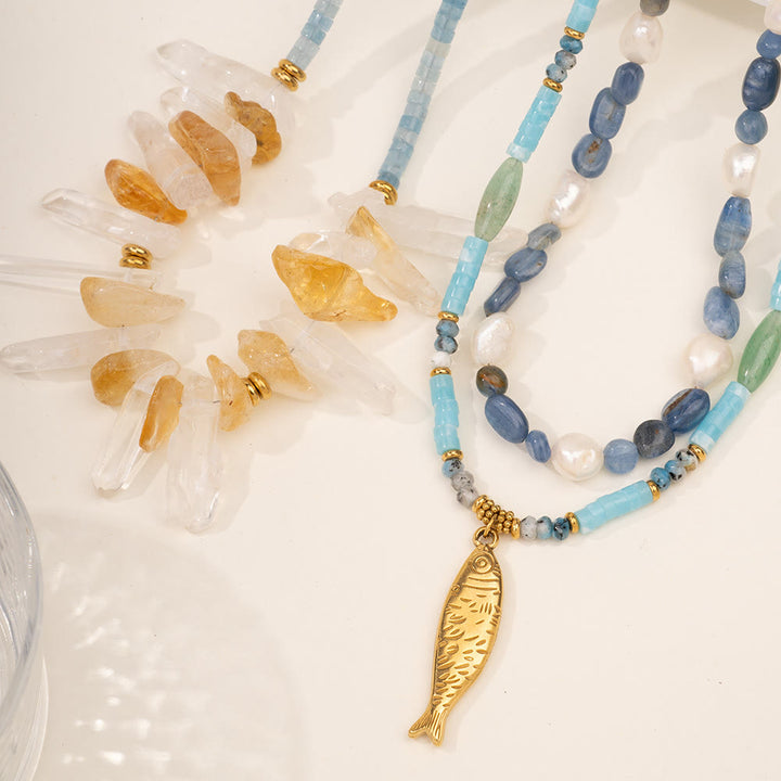 Collana con ciondolo a forma di pesce in acciaio inossidabile con perline di cristallo Olivenorma