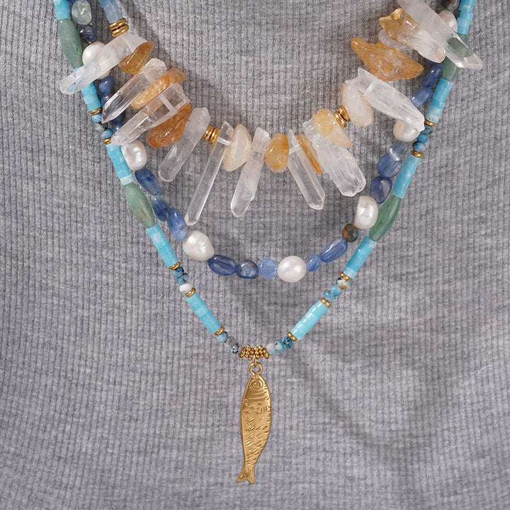 Collana con ciondolo a forma di pesce in acciaio inossidabile con perline di cristallo Olivenorma