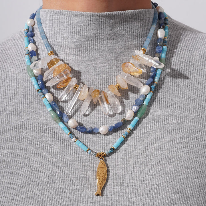 Collana con ciondolo a forma di pesce in acciaio inossidabile con perline di cristallo Olivenorma