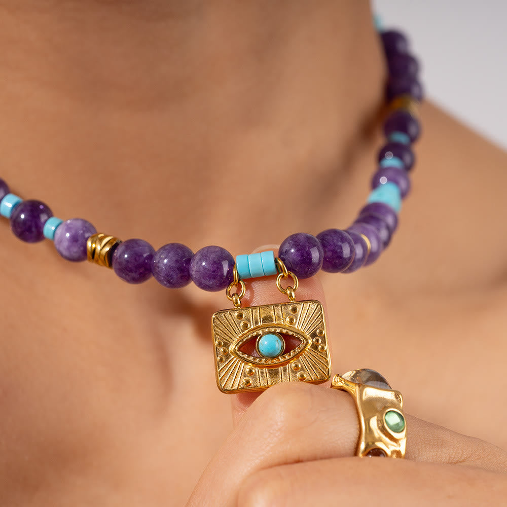 Collana con perle di occhio di tigre e ametista Olivenorma Evil Eye
