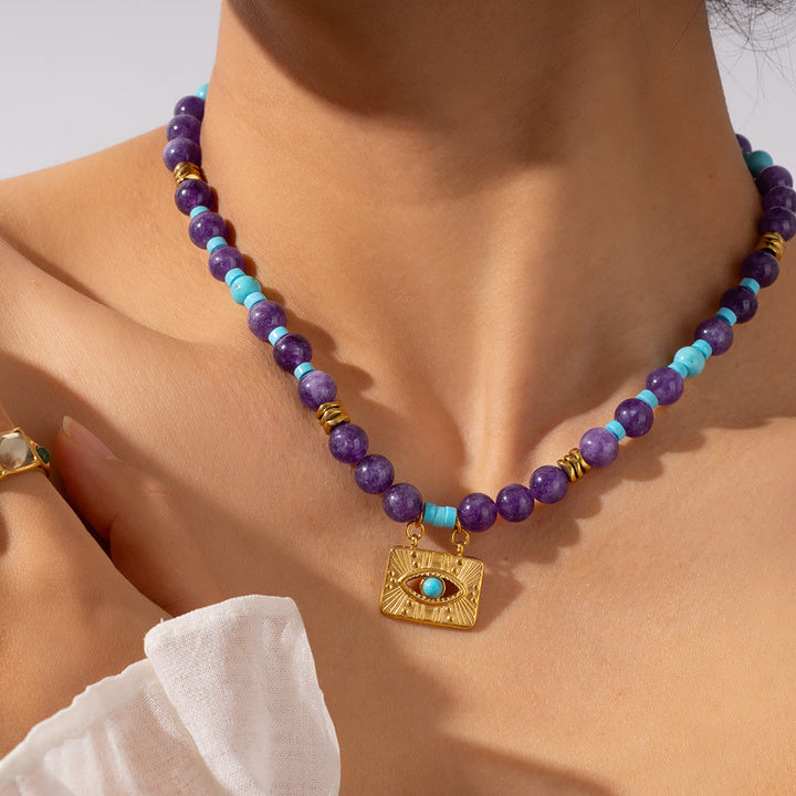 Collana con perle di occhio di tigre e ametista Olivenorma Evil Eye