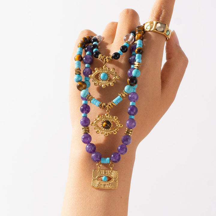 Collana con perle di occhio di tigre e ametista Olivenorma Evil Eye