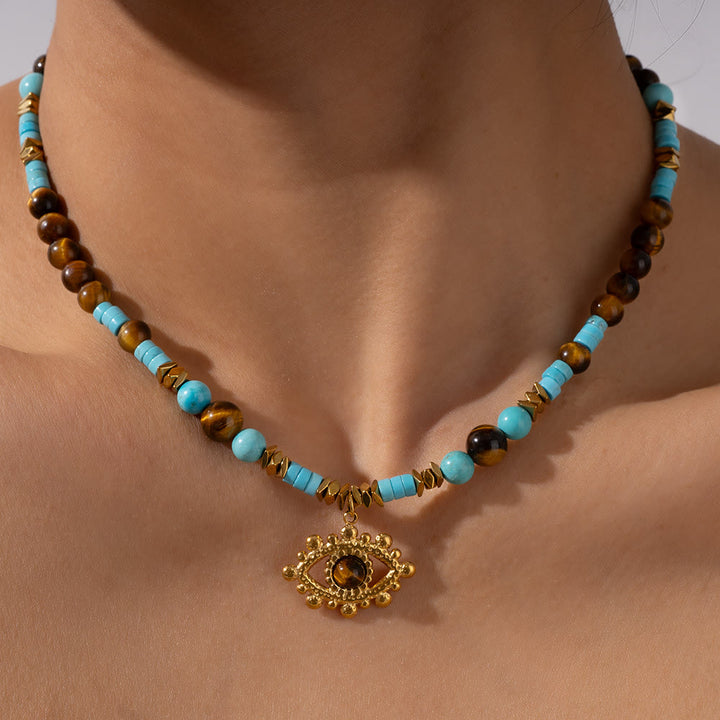 Collana con perle di occhio di tigre e ametista Olivenorma Evil Eye