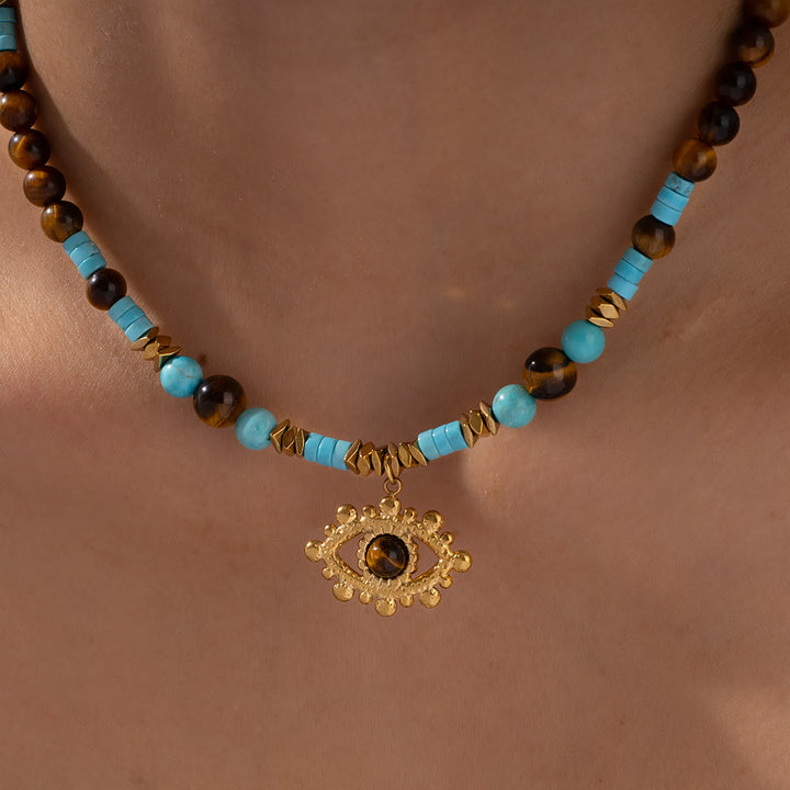Collana con perle di occhio di tigre e ametista Olivenorma Evil Eye
