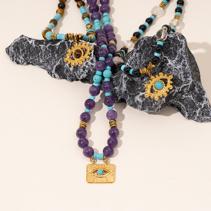 Collana con perle di occhio di tigre e ametista Olivenorma Evil Eye