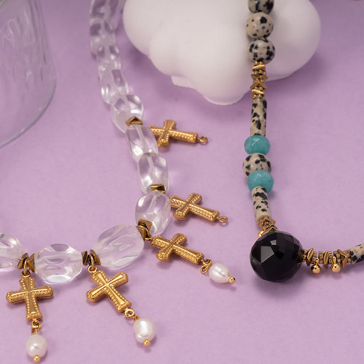 Collana con ciondolo a croce con perline di cristallo trasparente diaspro dalmata Olivenorma