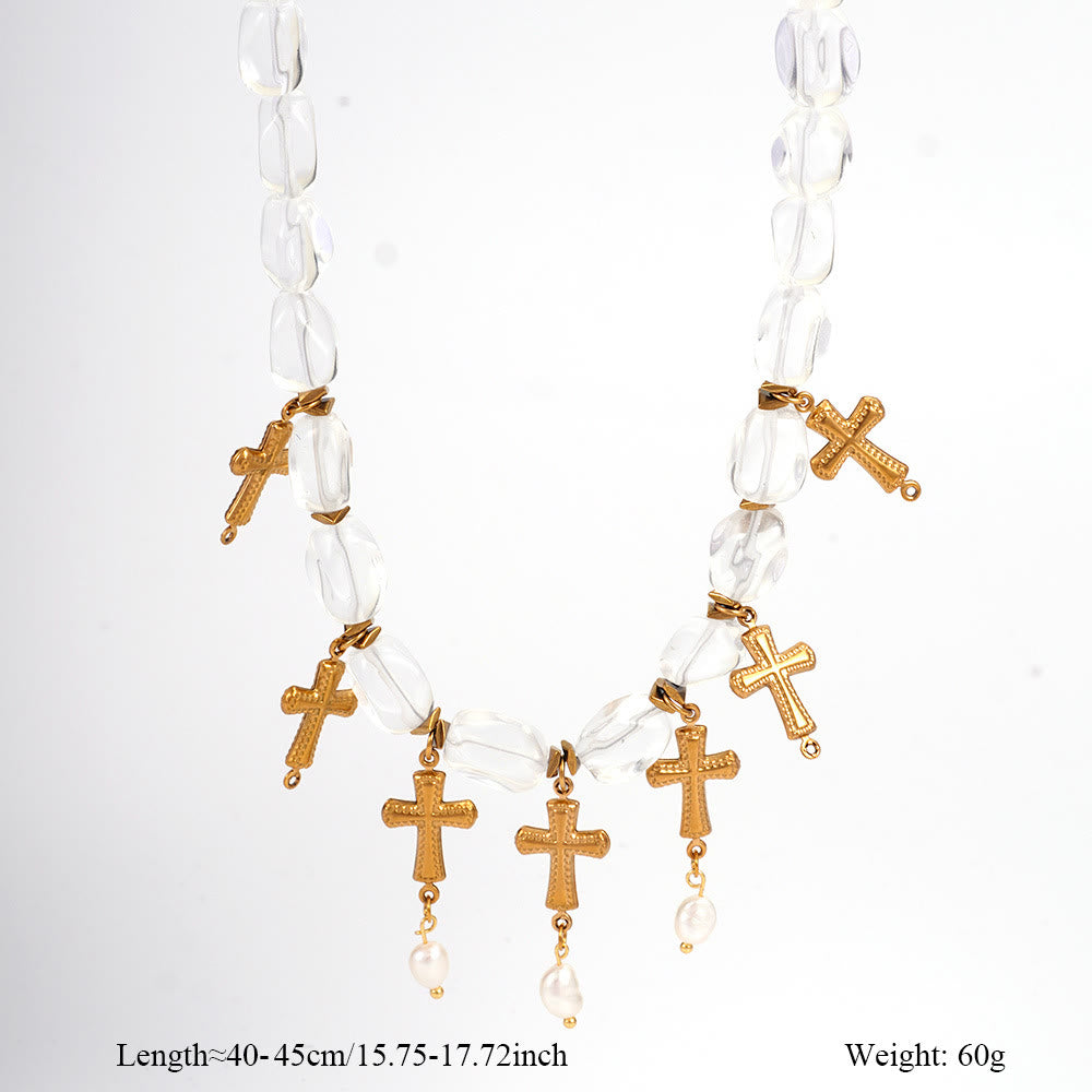 Collana con ciondolo a croce con perline di cristallo trasparente diaspro dalmata Olivenorma