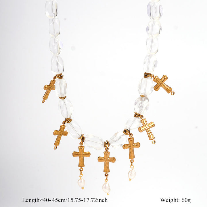 Collana con ciondolo a croce con perline di cristallo trasparente diaspro dalmata Olivenorma
