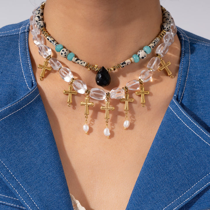 Collana con ciondolo a croce con perline di cristallo trasparente diaspro dalmata Olivenorma