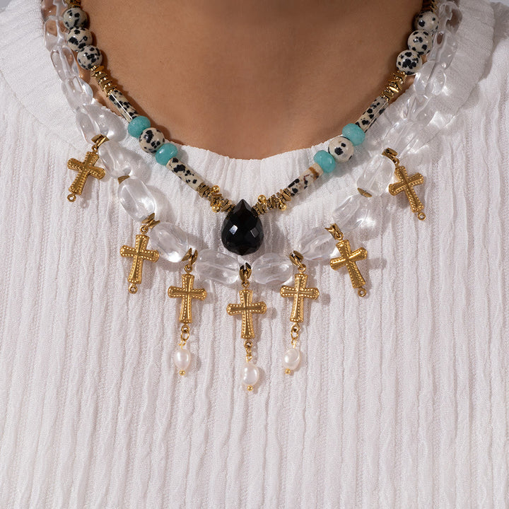 Collana con ciondolo a croce con perline di cristallo trasparente diaspro dalmata Olivenorma