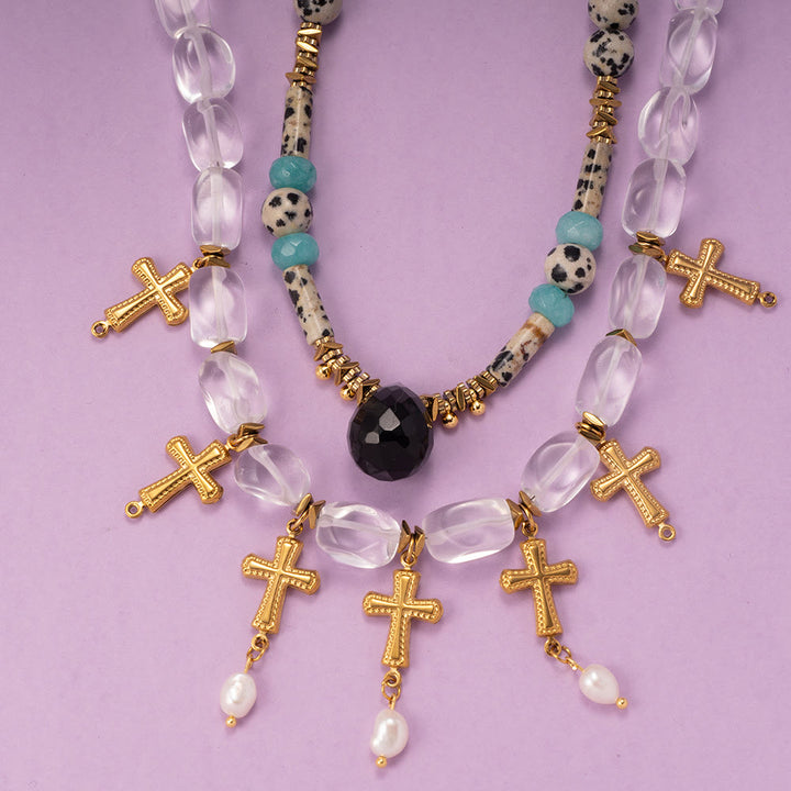 Collana con ciondolo a croce con perline di cristallo trasparente diaspro dalmata Olivenorma