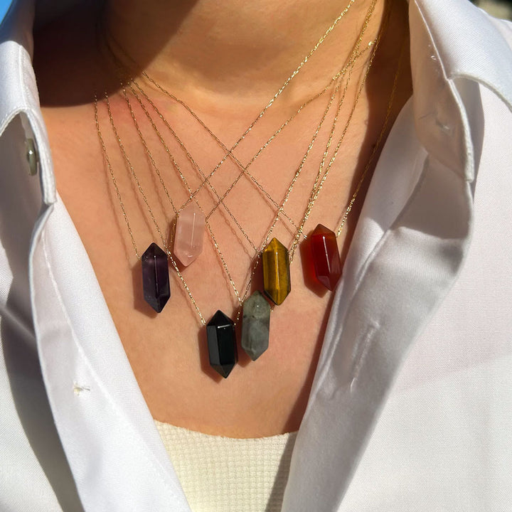 Collana in acciaio e titanio con ciondolo a doppia punta in cristallo Olivenorma