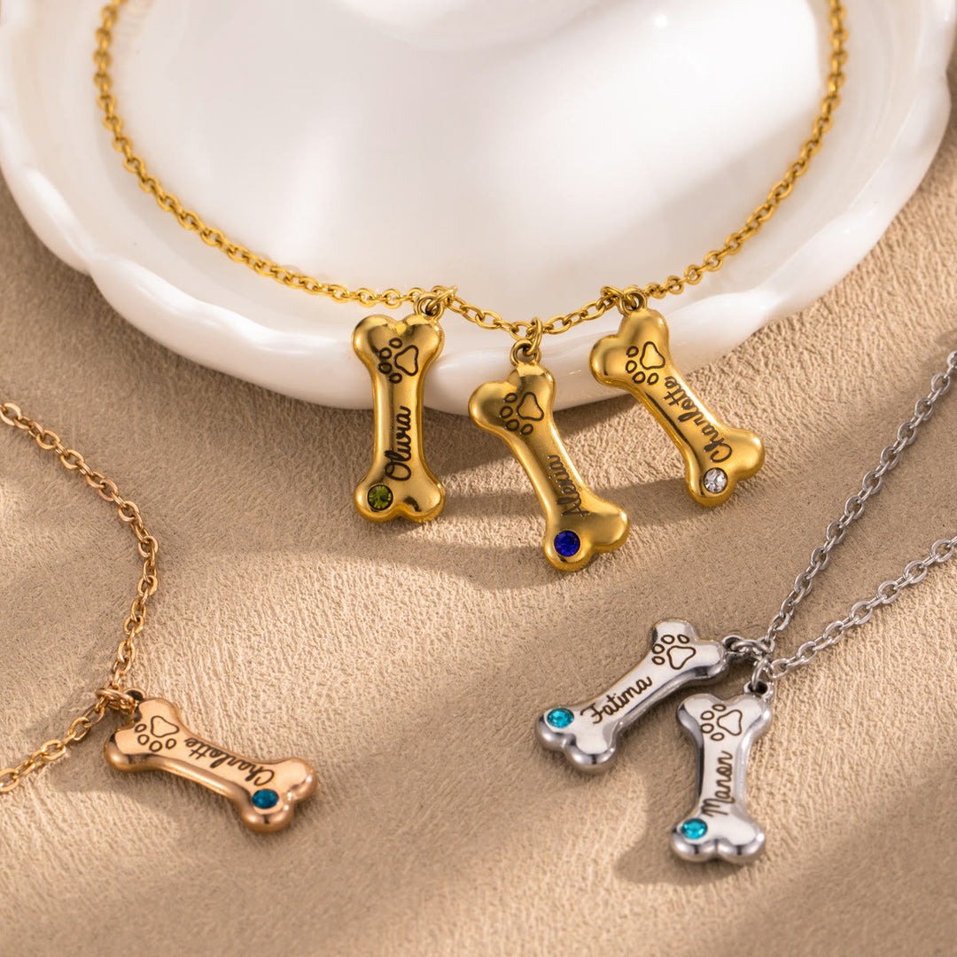 Collana personalizzata Olivenorma in acciaio inossidabile con pietra portafortuna a forma di osso di cane