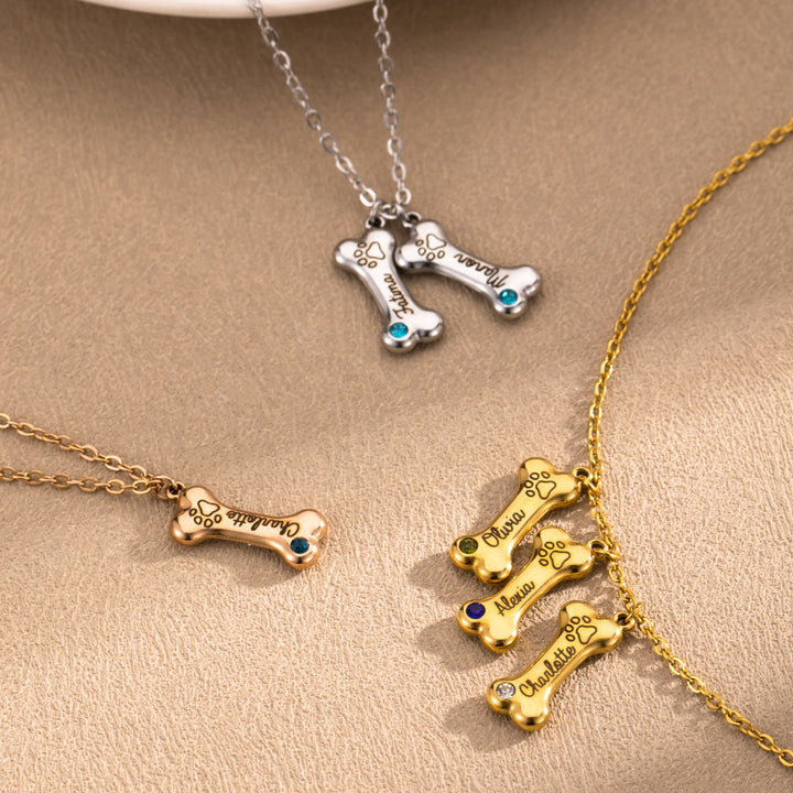 Collana personalizzata Olivenorma in acciaio inossidabile con pietra portafortuna a forma di osso di cane